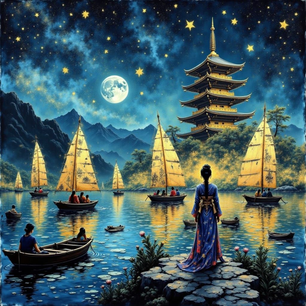 Japanese Woman with Pagodas in Miyazaki Style