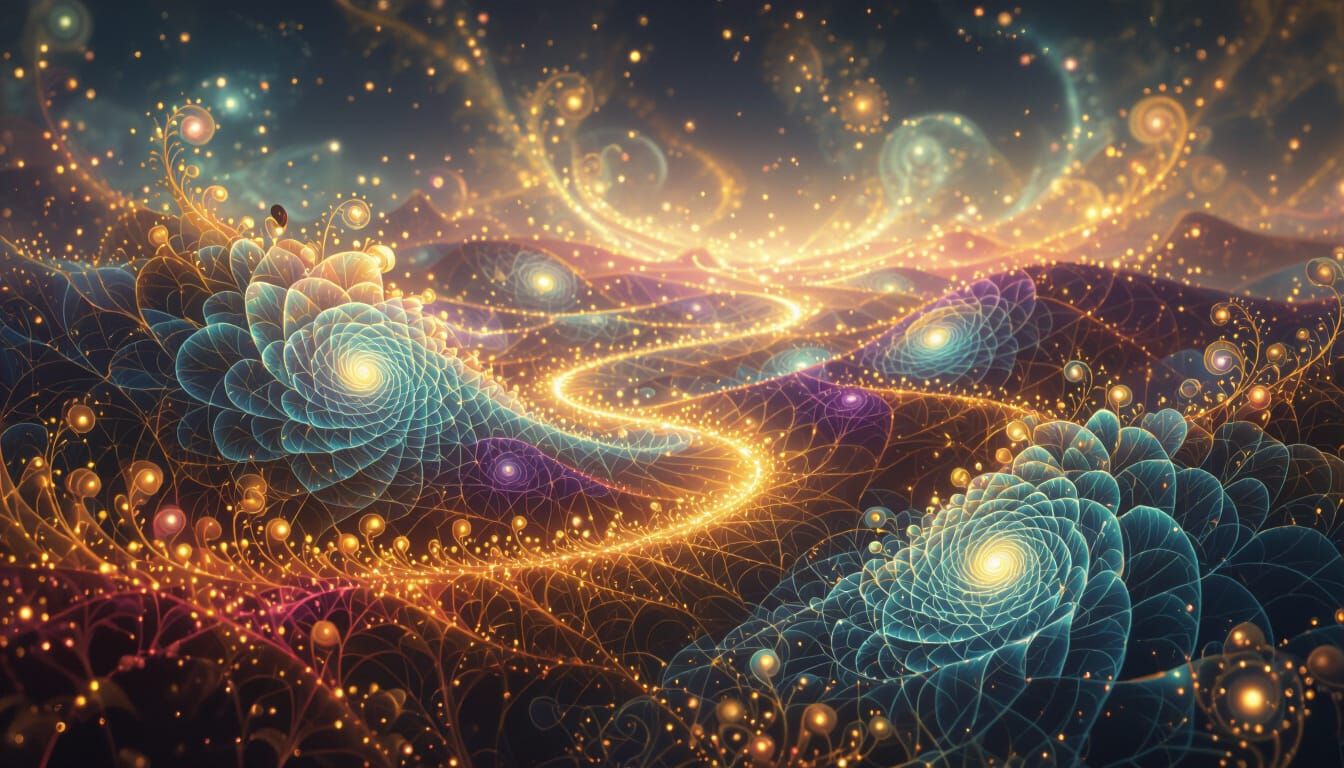 Cosmic Fractal Garden with Swirling Luminous Patterns