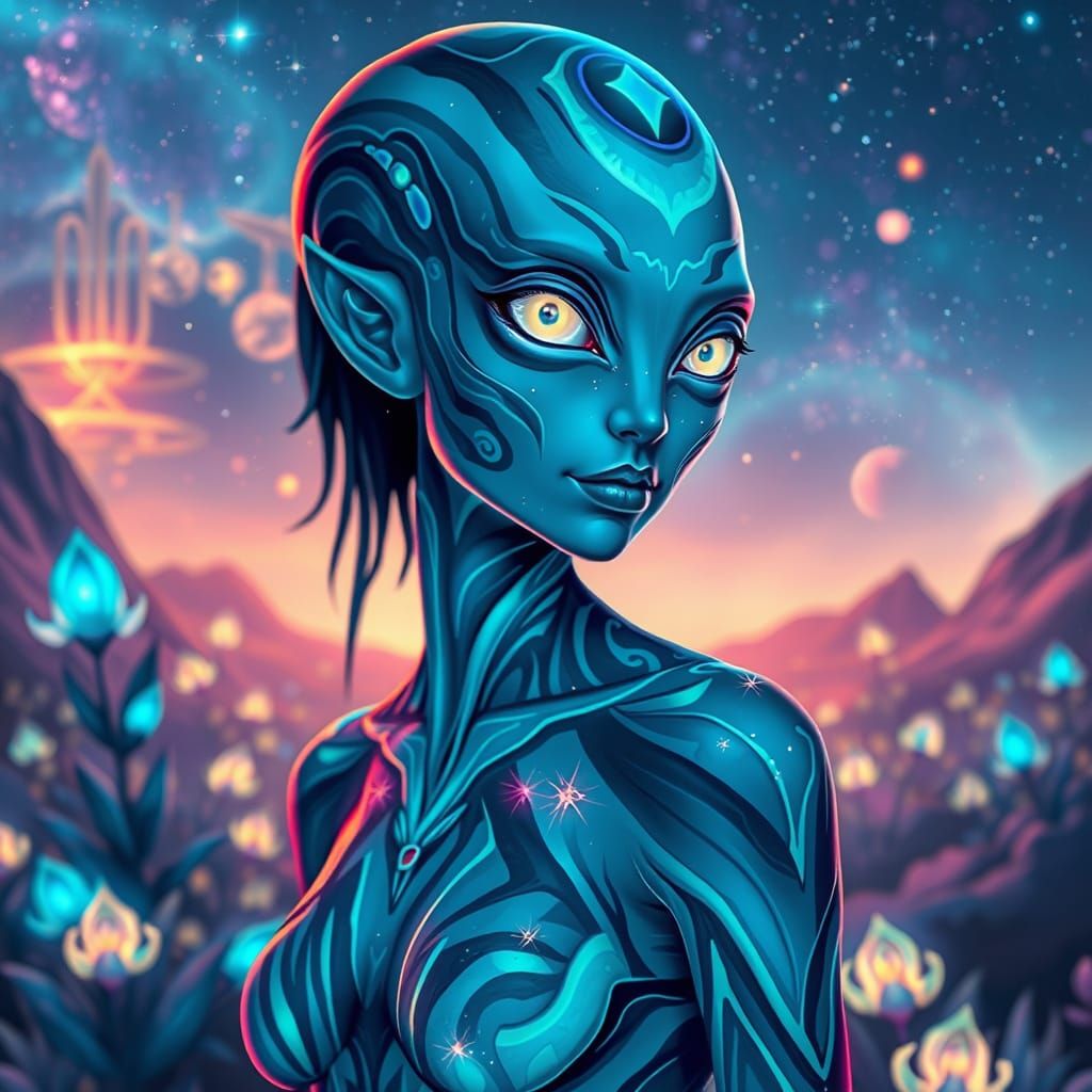 Luis Royo Inspired, Alien Goddess with Glowing Tattoos and F...