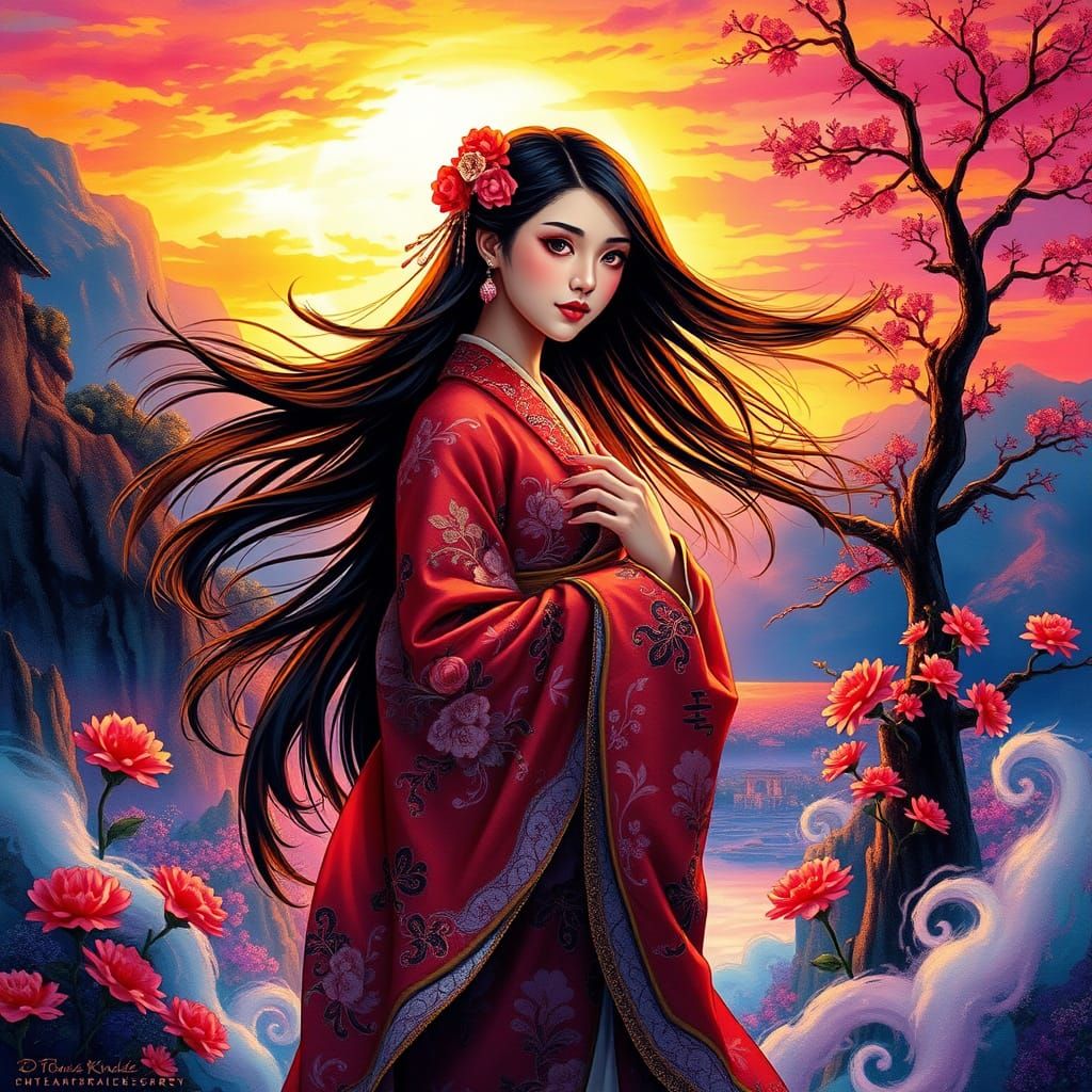 Ethereal Asian Goddess in Vibrant Sunset Paradise