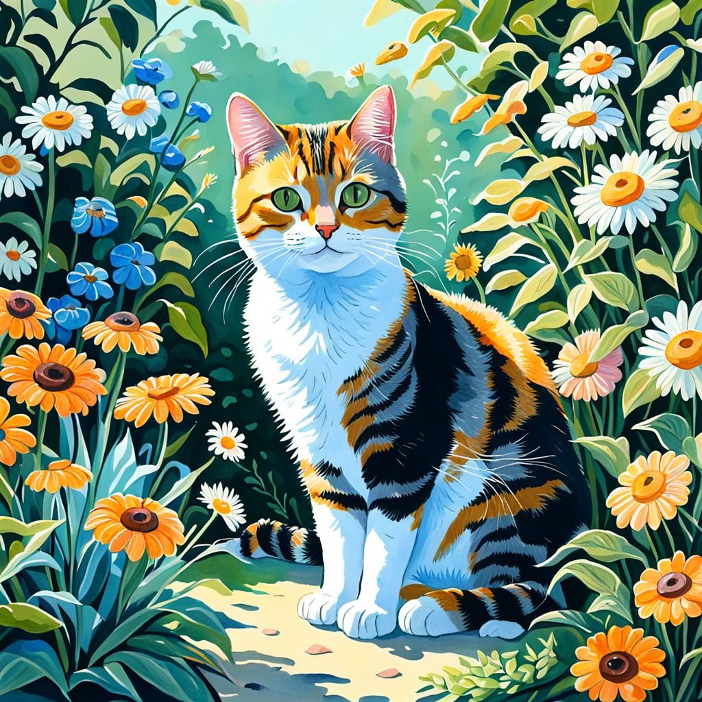 Cat in a Happy Summer Garden, Gouache Painting