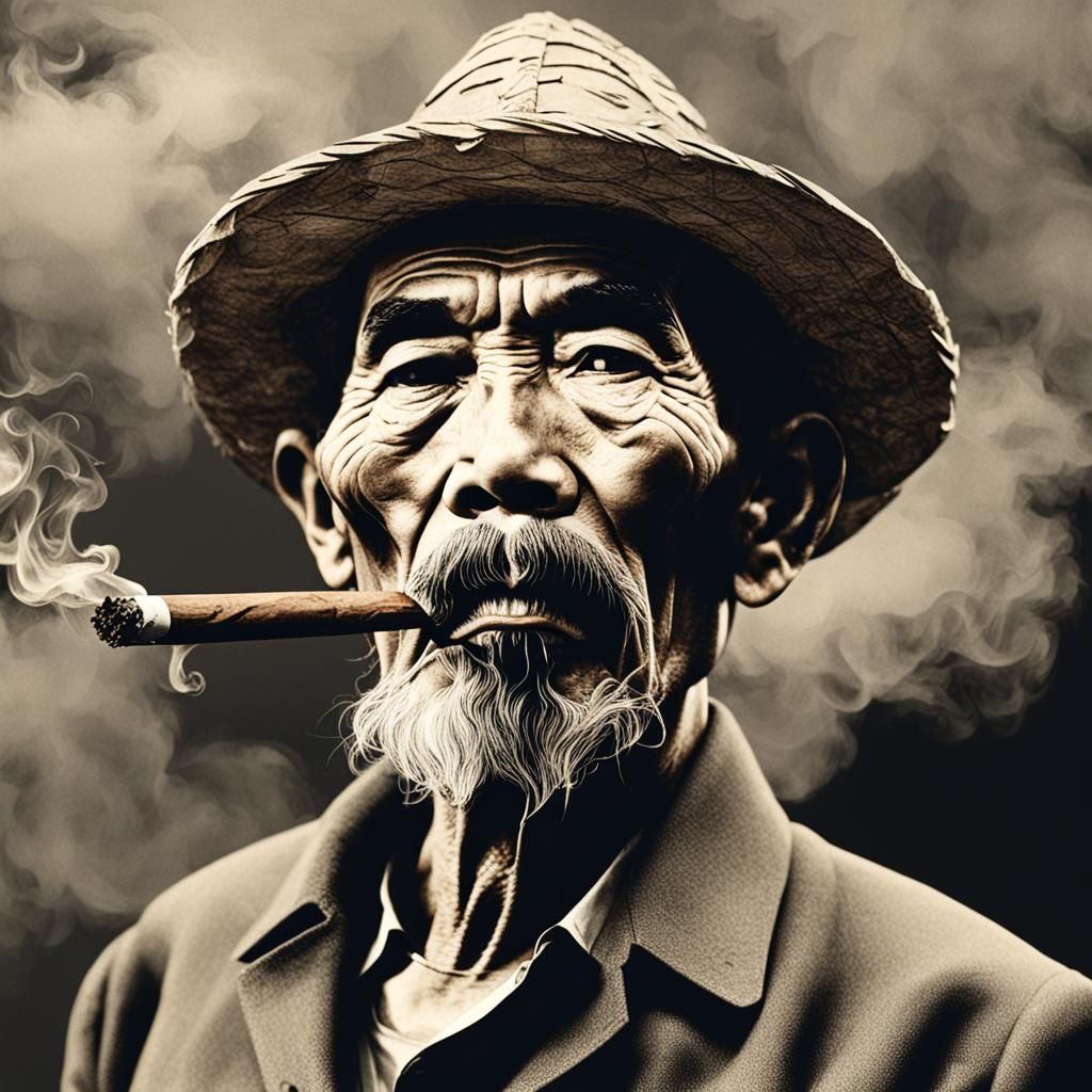 Ho Chi Minh Smoking a Cuban Cigar Portrait