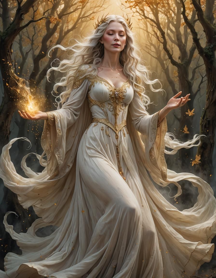 Ethereal White Witch Levitating with Golden Mist