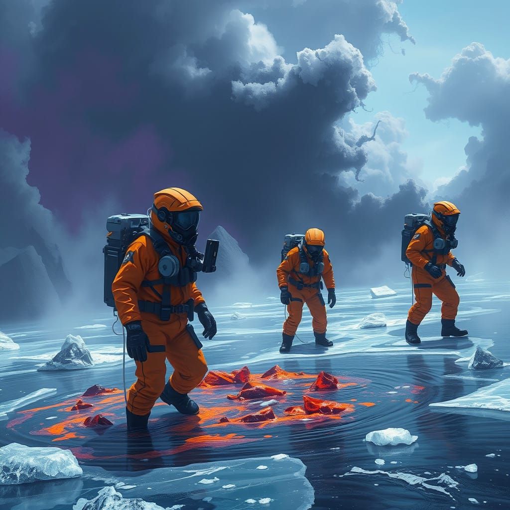 Digital Art: Oil Spill Cleanup on Alien Planet in High-Vis O...
