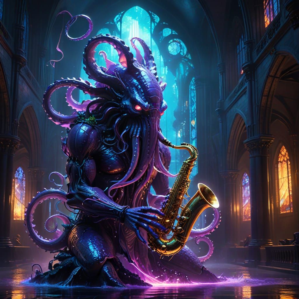 Ink Kraken's Neon Jazz Cathedral: Surreal Digital Art