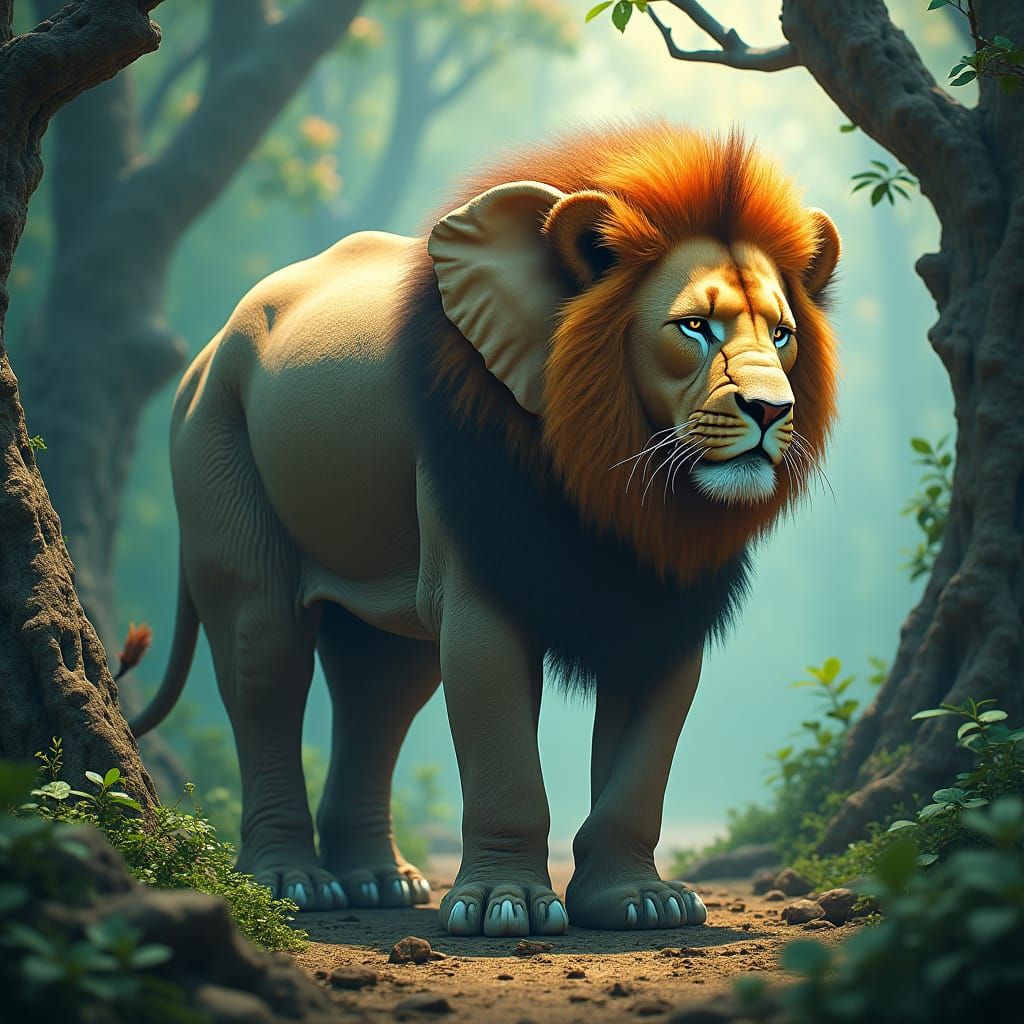 Lion and Elephant in a Magical Forest