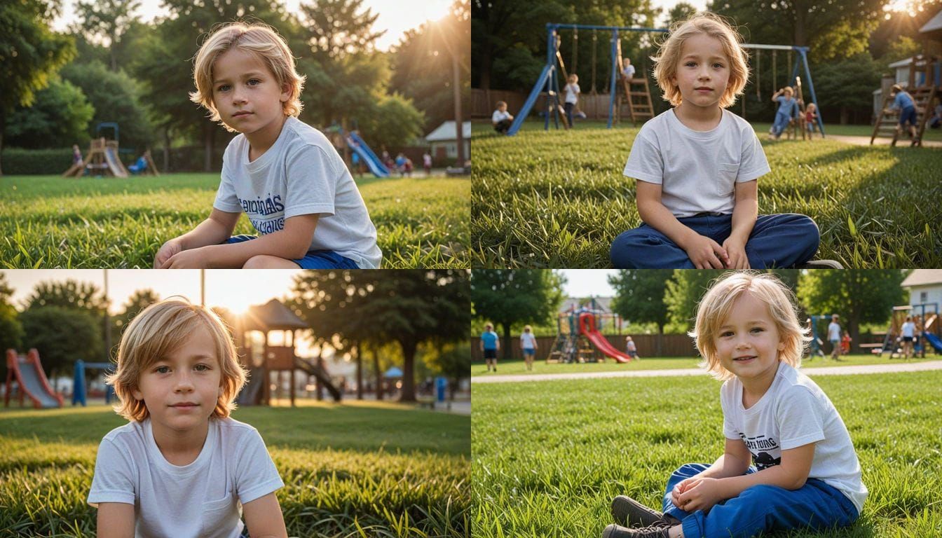 a 8 year old boy with long blonde hair, wearing a white t-sh...