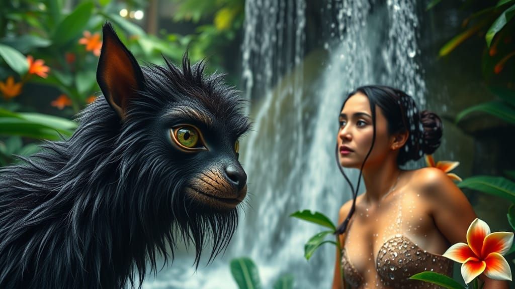 Mystical Creature Observes Woman in Tropical Oasis