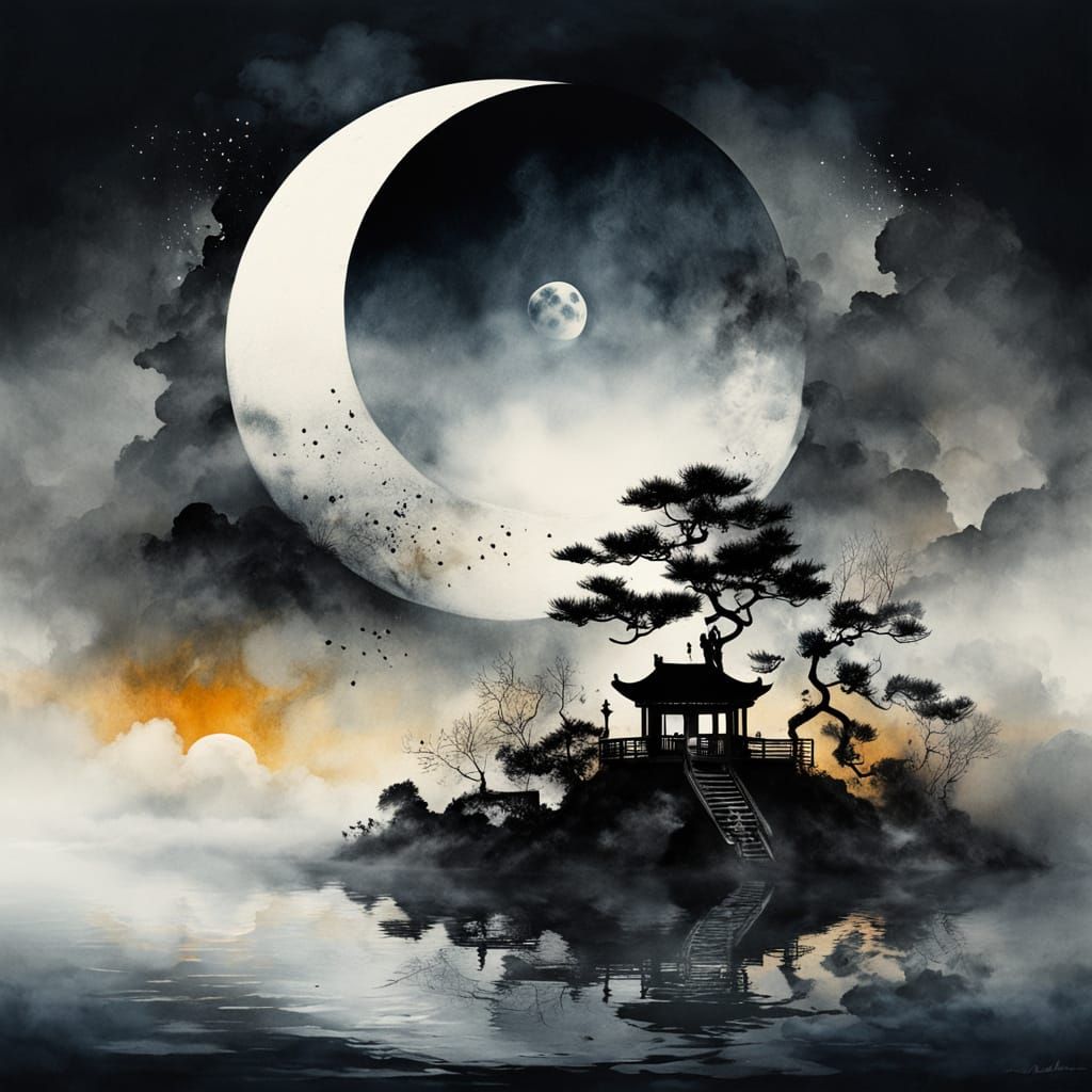 Surreal Yin Yang Sun Moon Beach Sunset in Fog