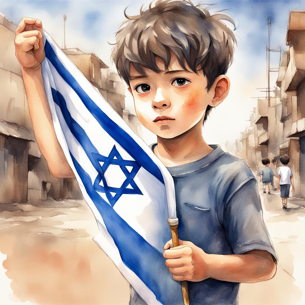 Boy with Israeli Flag in Anime Watercolor Style