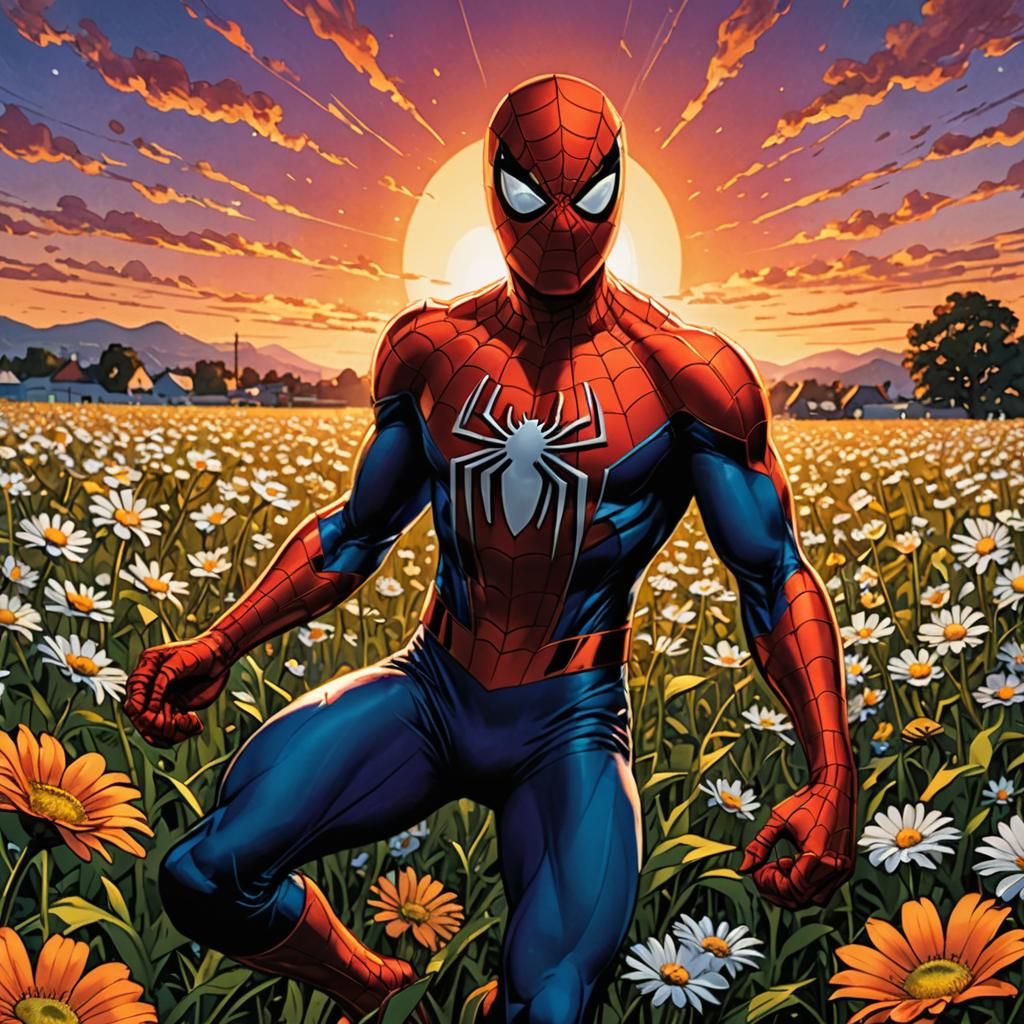 Spiderman Strikes a Pose in Sunset Daisy Field