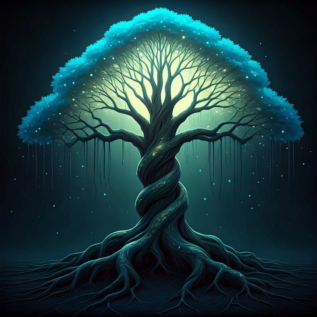 Enchanted Ancient Tree with Ethereal Aura and Glowing Leaves