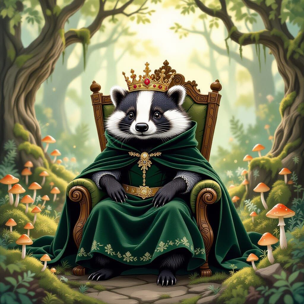 Regal Badger King in Enchanted Forest, Vintage Botanical Sty...