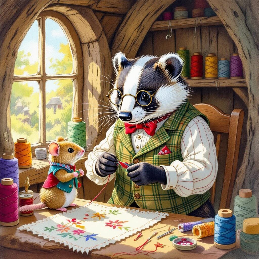 Badger Tailor Meticulously Stitches Waistcoat for Mouse