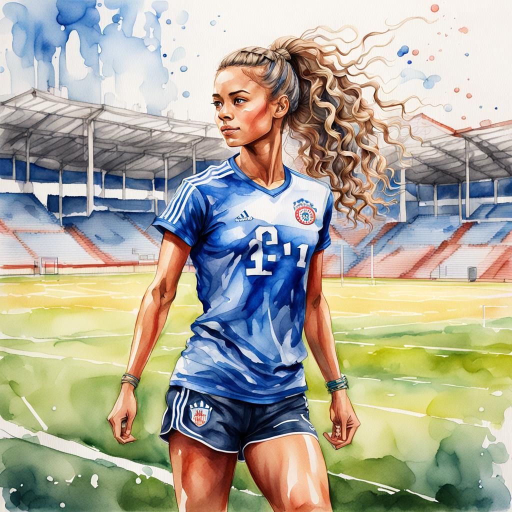 Athletic Girl in Watercolor Sketch on Soccer Field