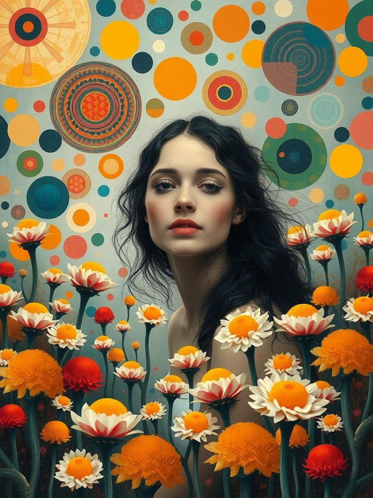 Woman in Whimsical Garden: Abstract Expressionist Art