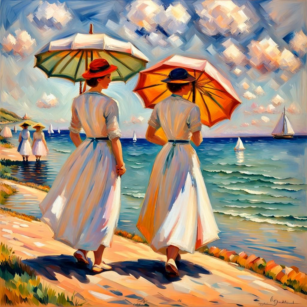 Impressionistic Seaside Scene with Two Young Women