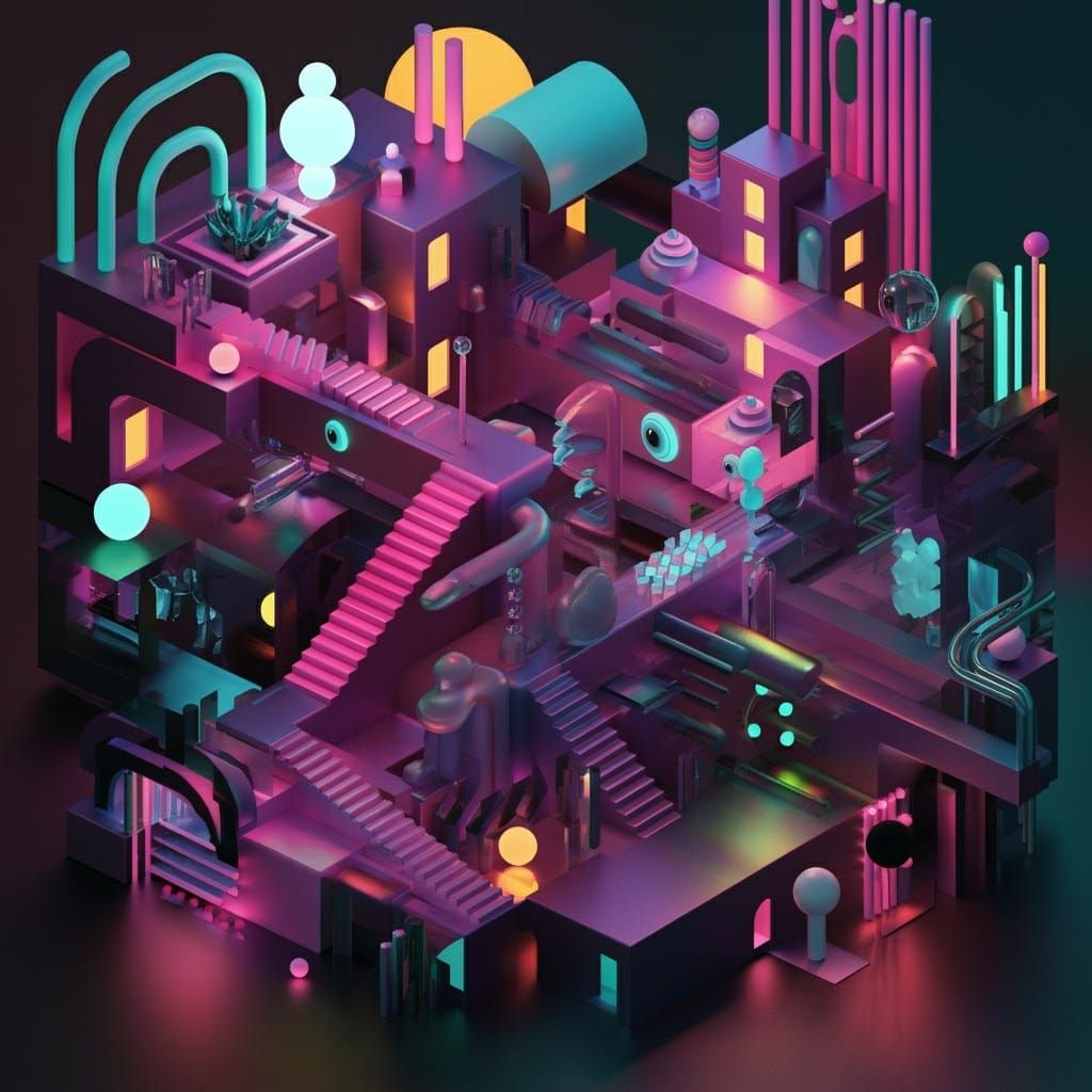 Dreamlike Neon Architectural Maze in 3D Render