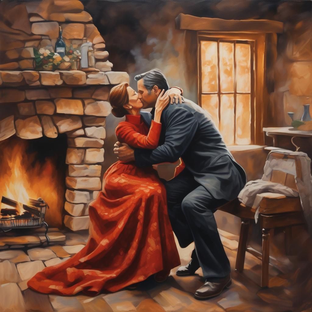 Painting of Affectionate Couple by Fireplace