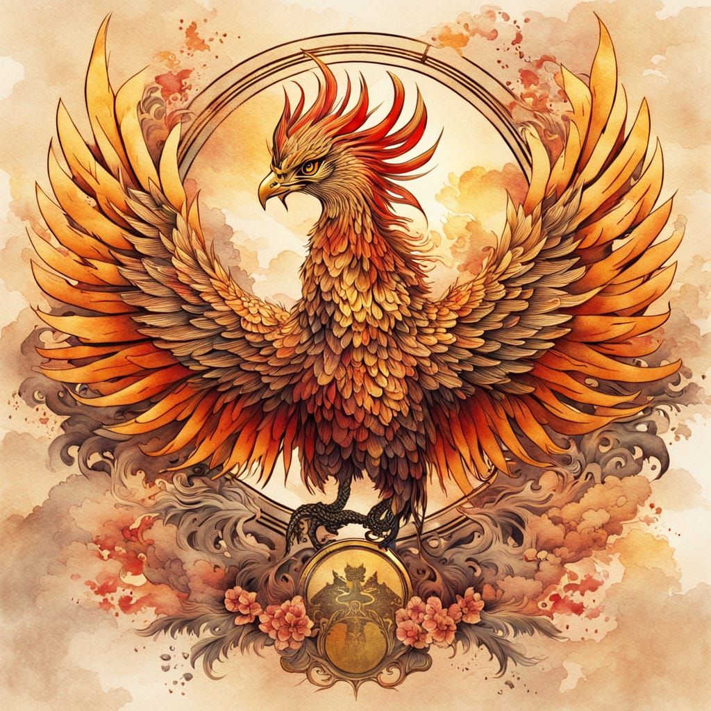 Phoenix and Japanese Crest in Ink Painting Style
