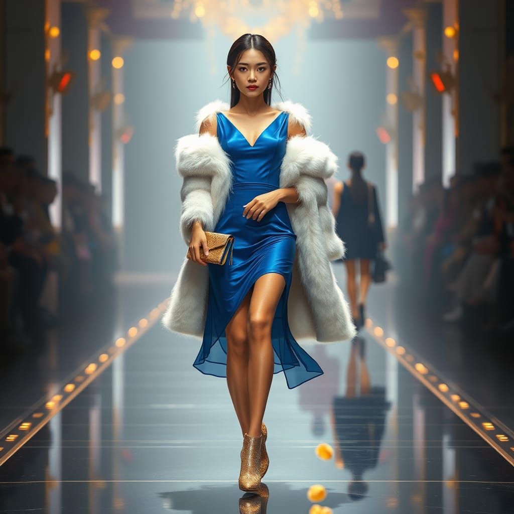 Asian Model on Catwalk in Glittering Fashion