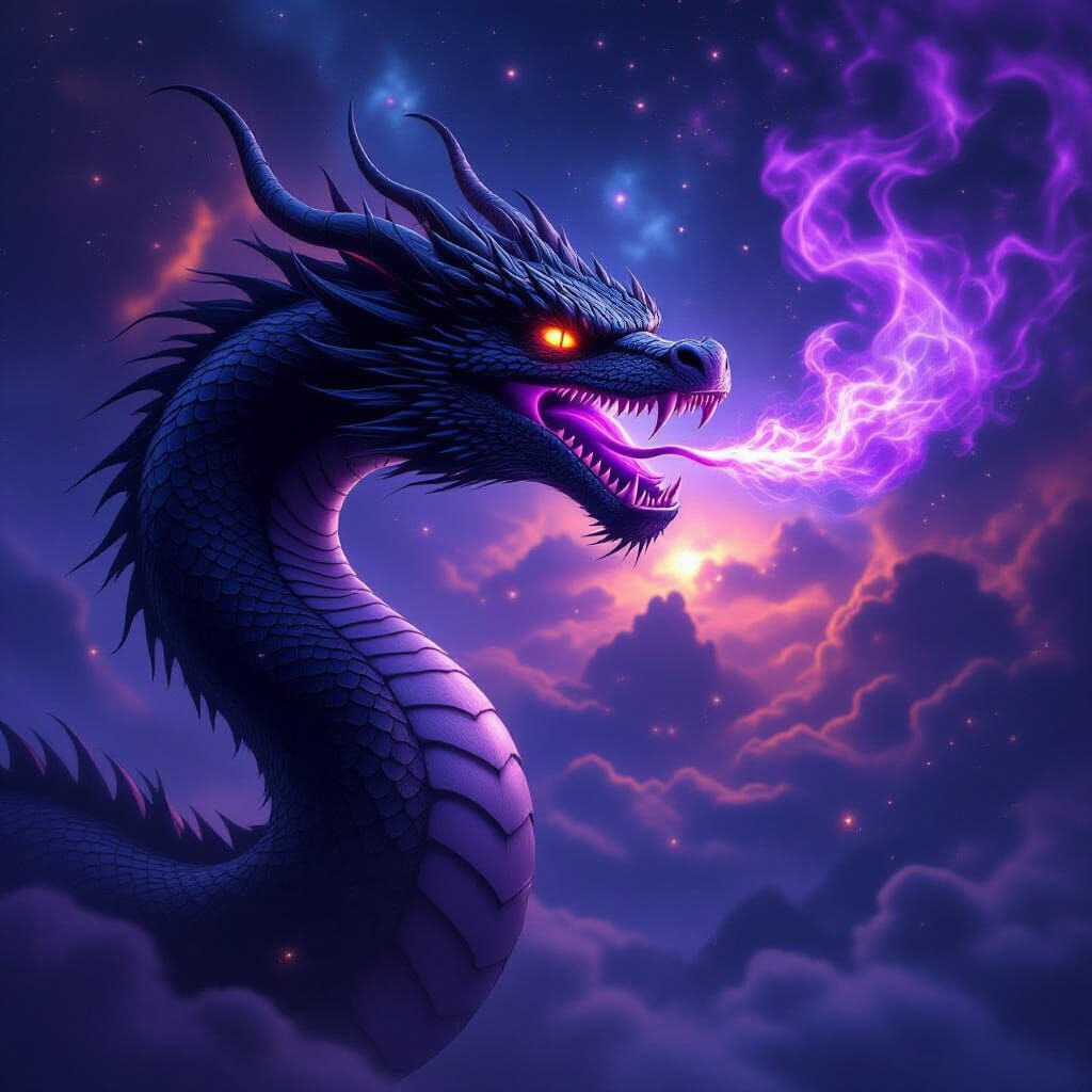 Black Dragon Breathing Purple Energy in Cosmic Background