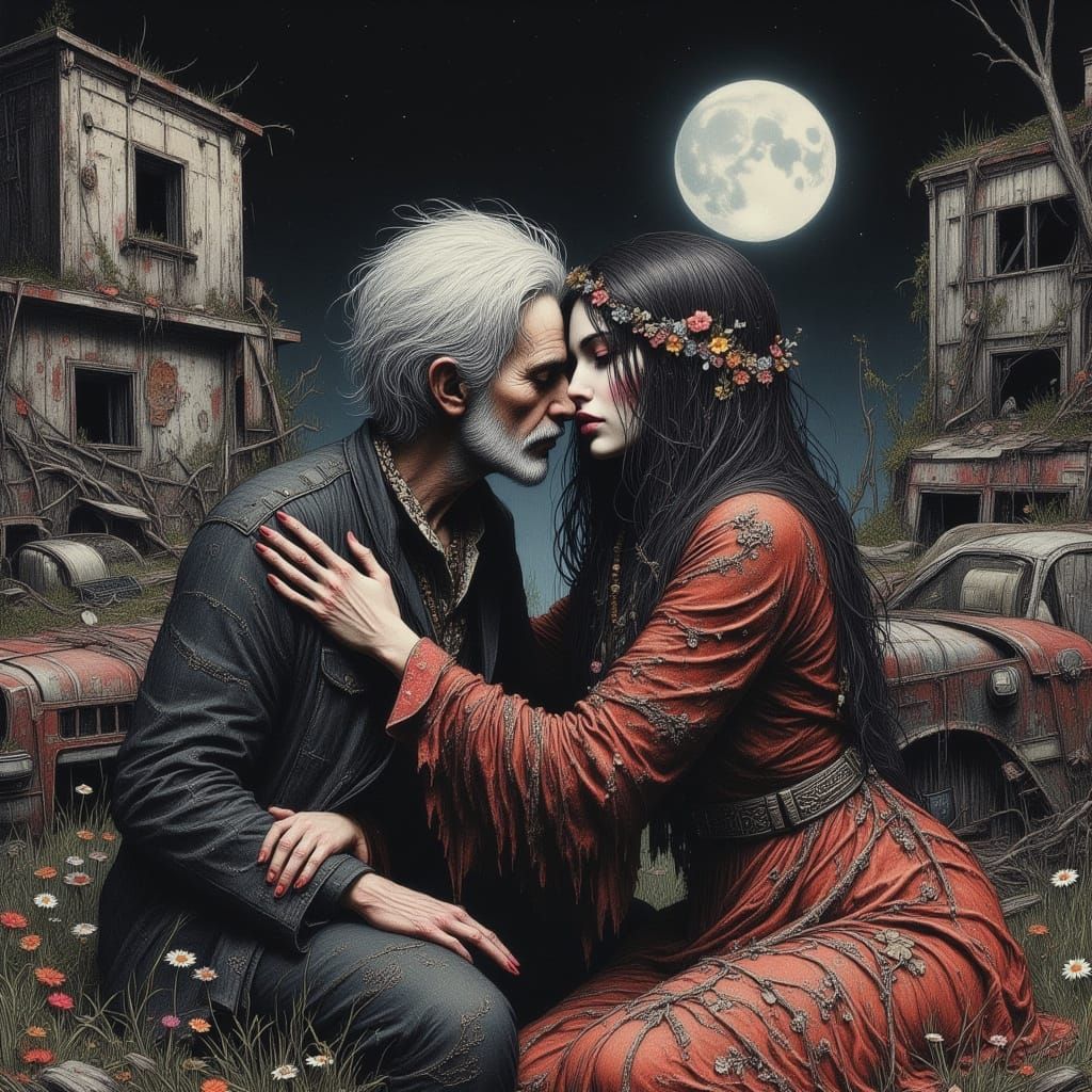 Warm Moonlit Embrace Amidst Abandoned Ruins