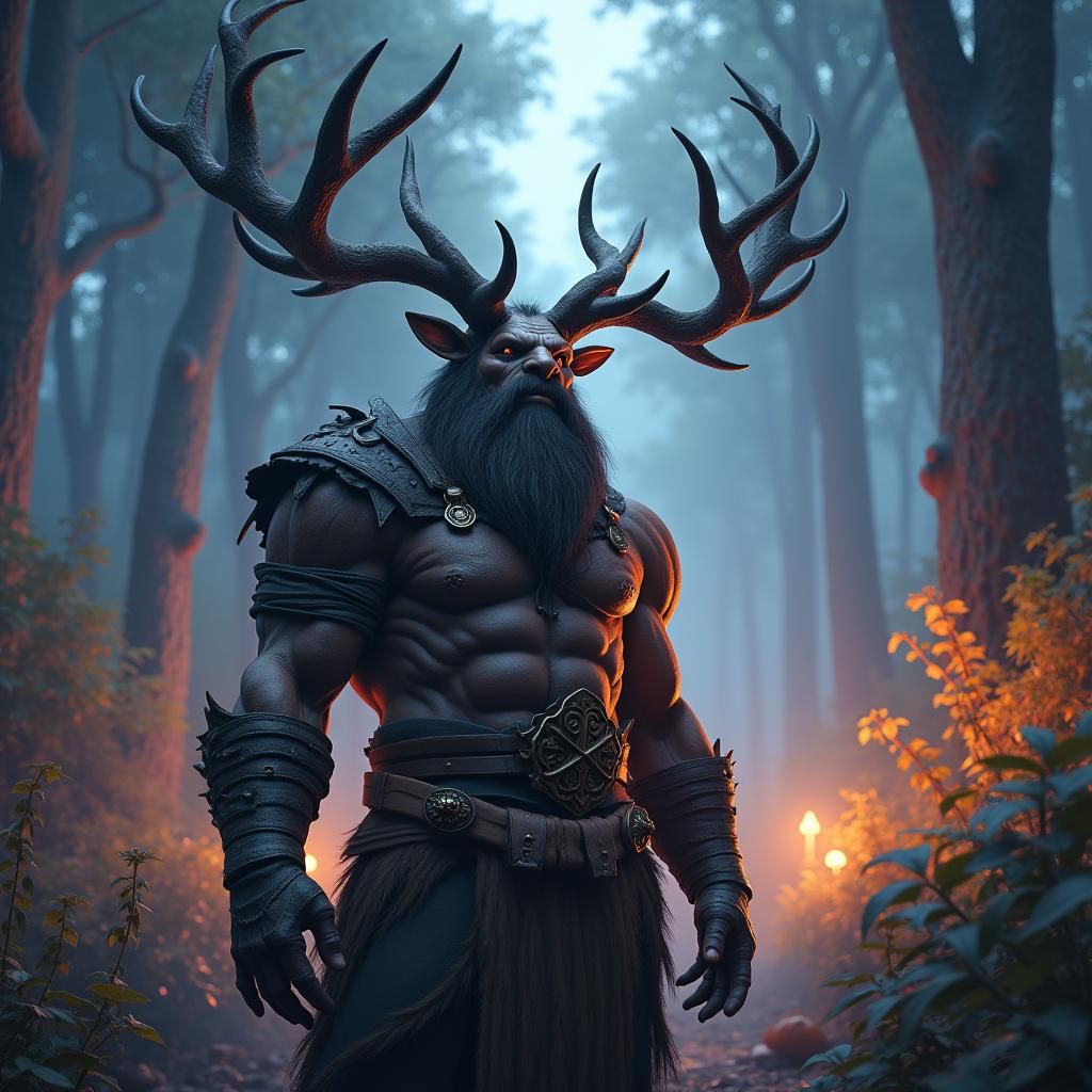 Bushman with Antlers in Mystical Forest, Digital Painting
