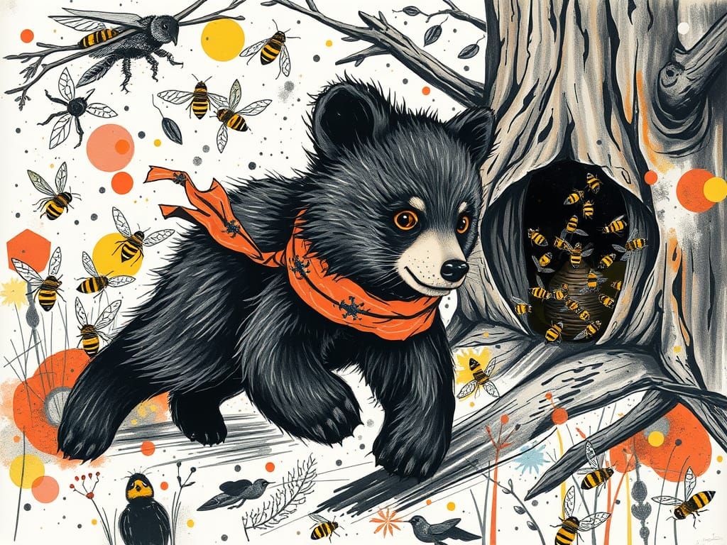 Neo-Expressionist Bear Cub Chased By Bees in Doodle Collage