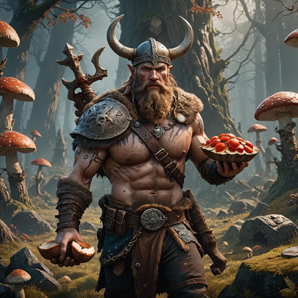 Viking Warrior Holding Mushroom in Fantasy Art