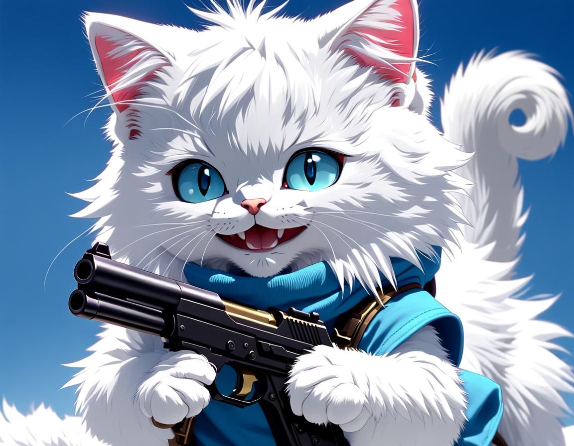 Cute Cat with a Gun in Anime Style