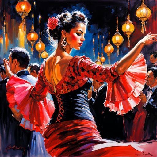 Flamenco Dancer in Traditional Dress, Ink Painting