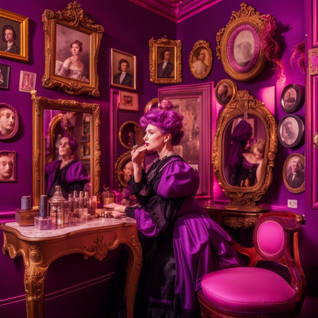 Victorian Woman in Maximalist Pink and Purple Dressing Room