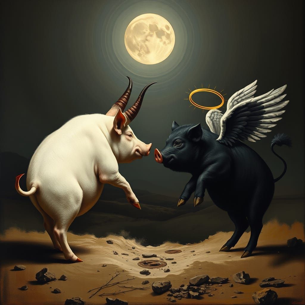 Goya-Inspired Pigs: Devil vs. Angel in Moonlit Landscape