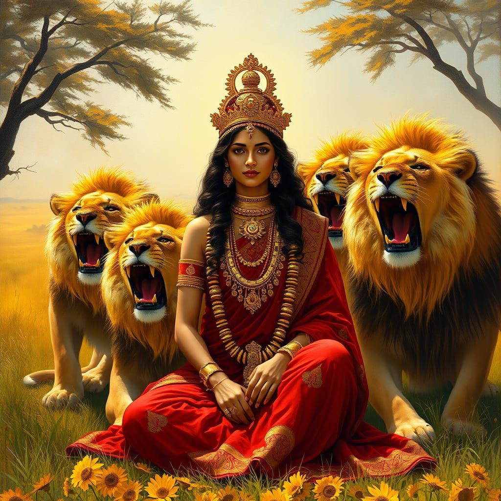 Regal Queen Radhika Surrounded by Roaring Lions in a Vibrant...