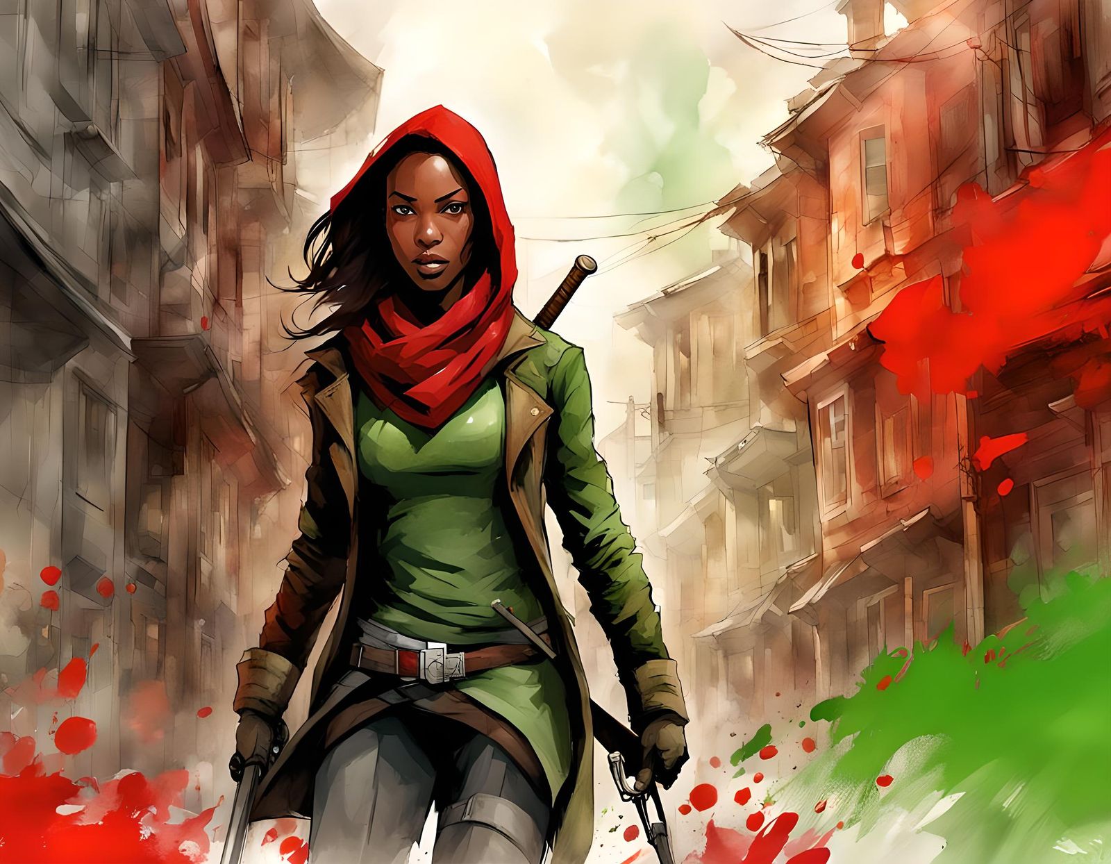 Rogue Swordfight in Abandoned Town: Digital Watercolor