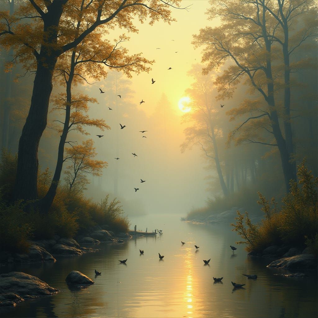 Misty Forest Dawn with Birds in Flight