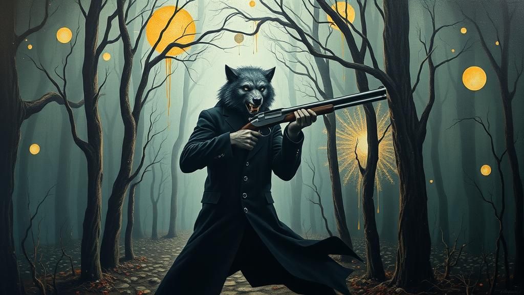 Werewolf with Shotgun in Surrealist Forest