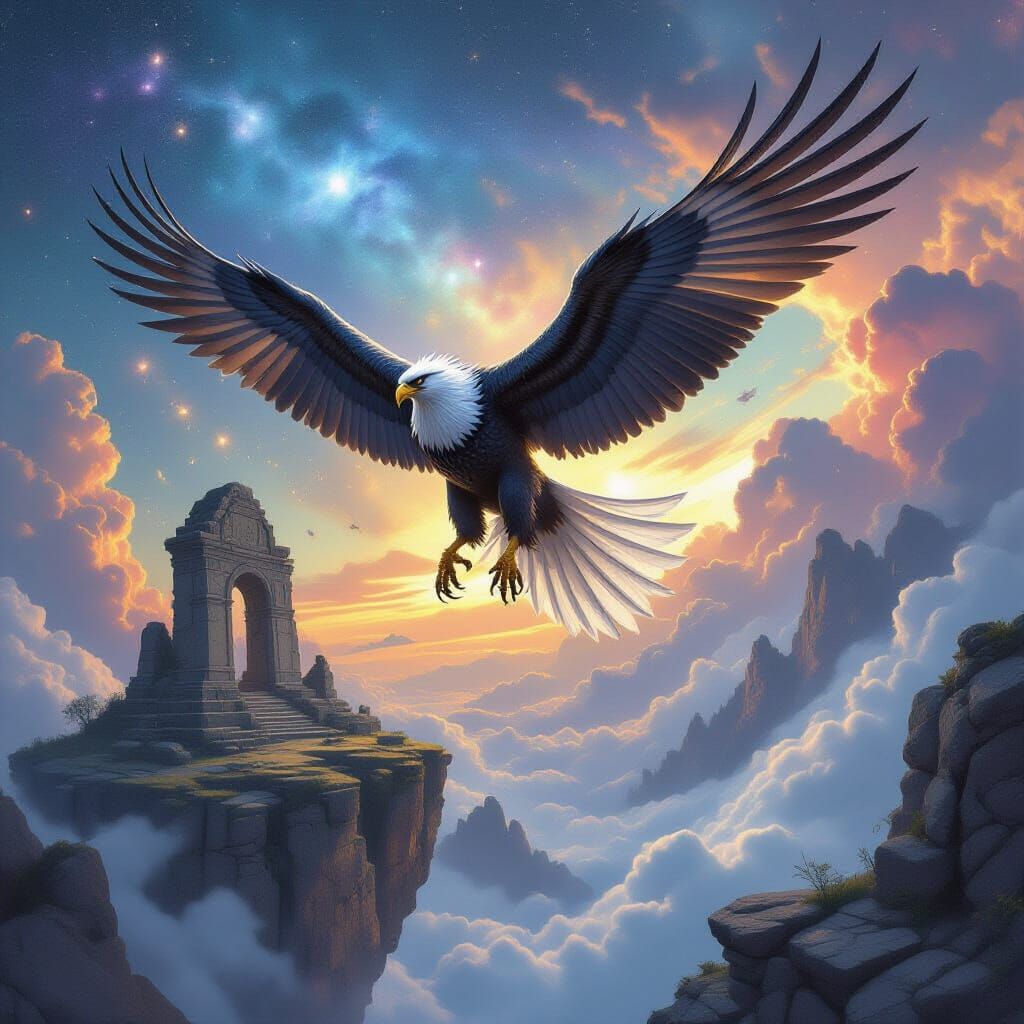 Obsidian Griffin Soars Through Nebula Towards Ancient Ruin