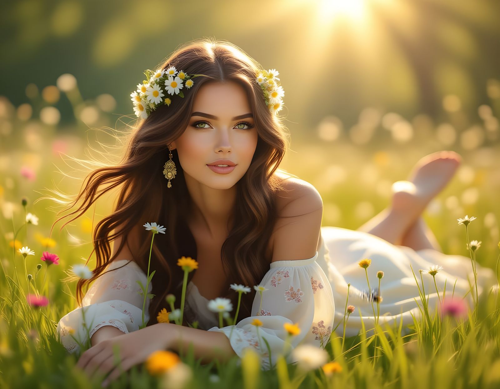 Woman in Wildflower Meadow: Hyperrealistic Art Nouveau