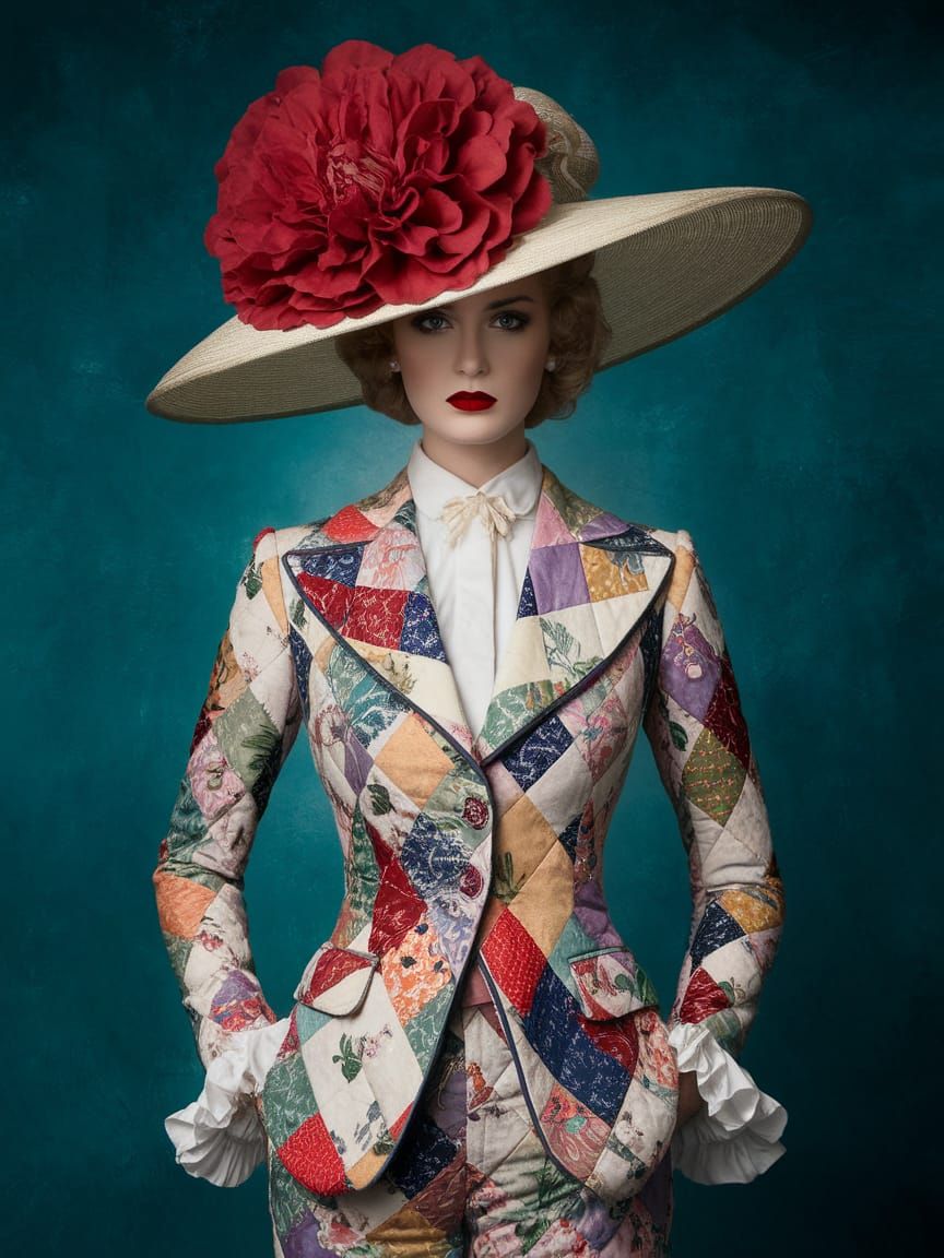 Elegant Woman in Vintage Suit with Floral Pattern