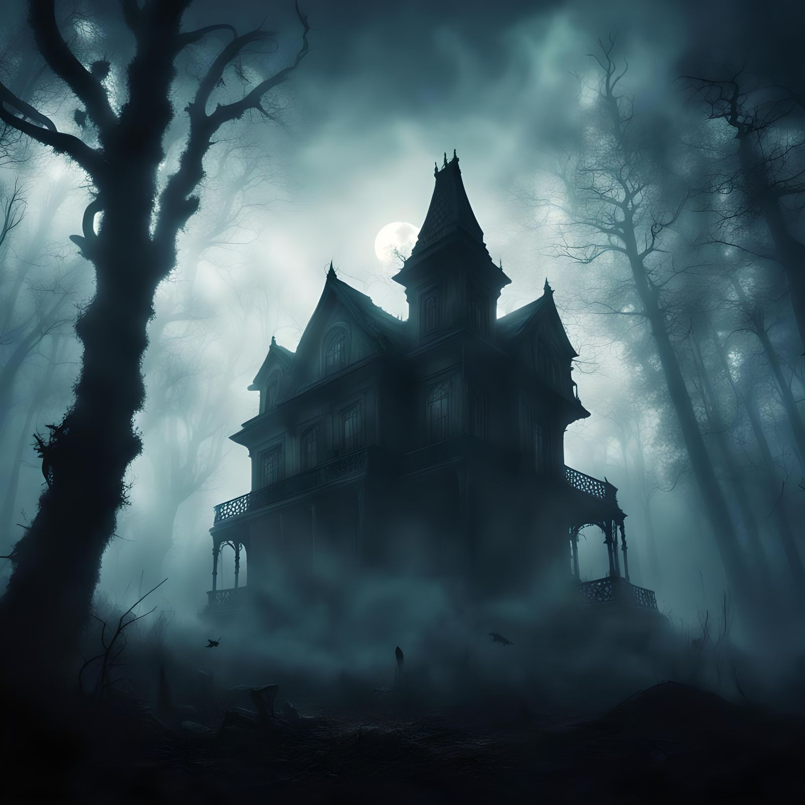Eerie Haunted House Silhouette in Misty Forest