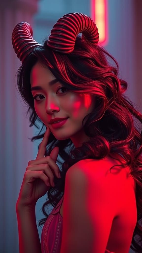 Crimson Glow: Woman with Obsidian Hair and Elegant Horns