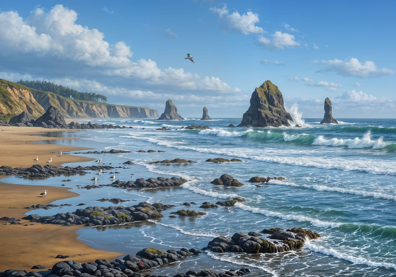 Seascape Painting of Coastline with Evolving Tides