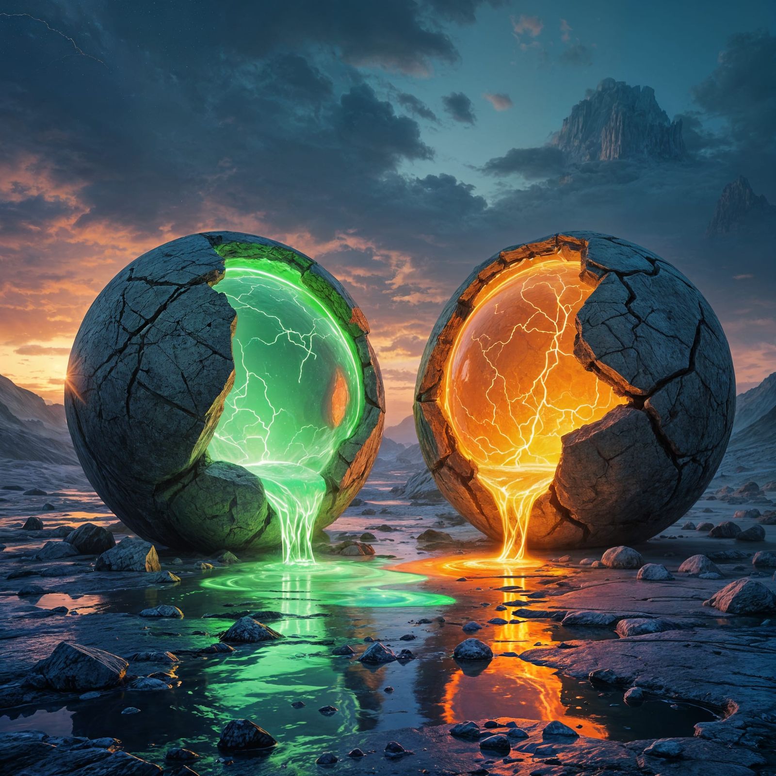 Surreal Fantasy Landscape with Leaking Stone Spheres