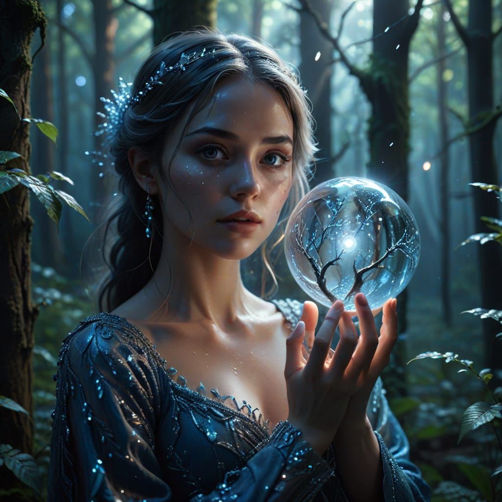 Ethereal Woman with Glowing Orb in Mystical Blue Forest