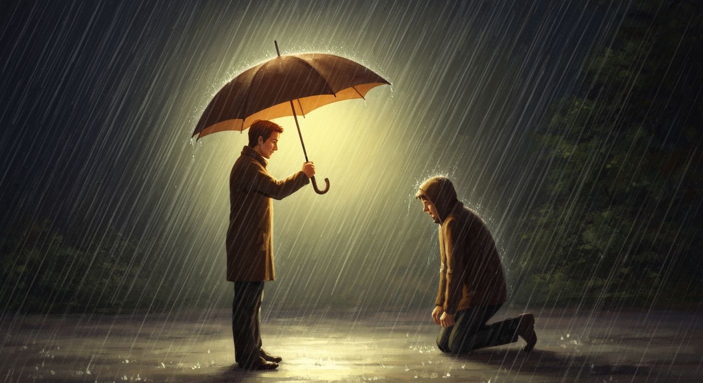 Kind Stranger Shares Umbrella in Emotional Digital Painting