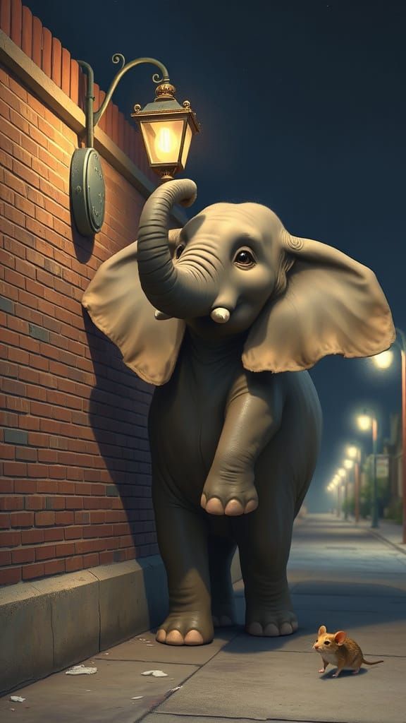 Elephant Streetlight Charade in Whimsical Digital Painting
