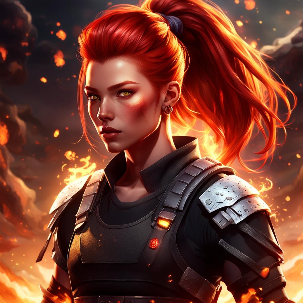 Fiery Haired RPG Character in Ethereal Digital Art