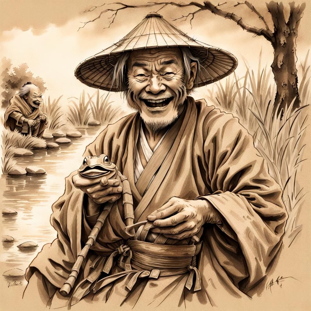 Sepia Pencil Sketch of Laughing Samurai with Frog